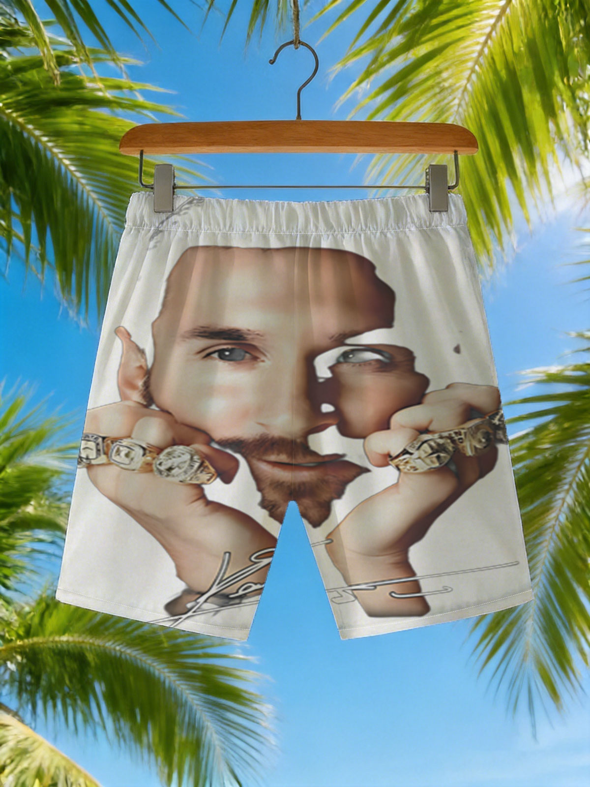 Lionel Messi with Championship Rings Signature Portrait -  Beach shorts