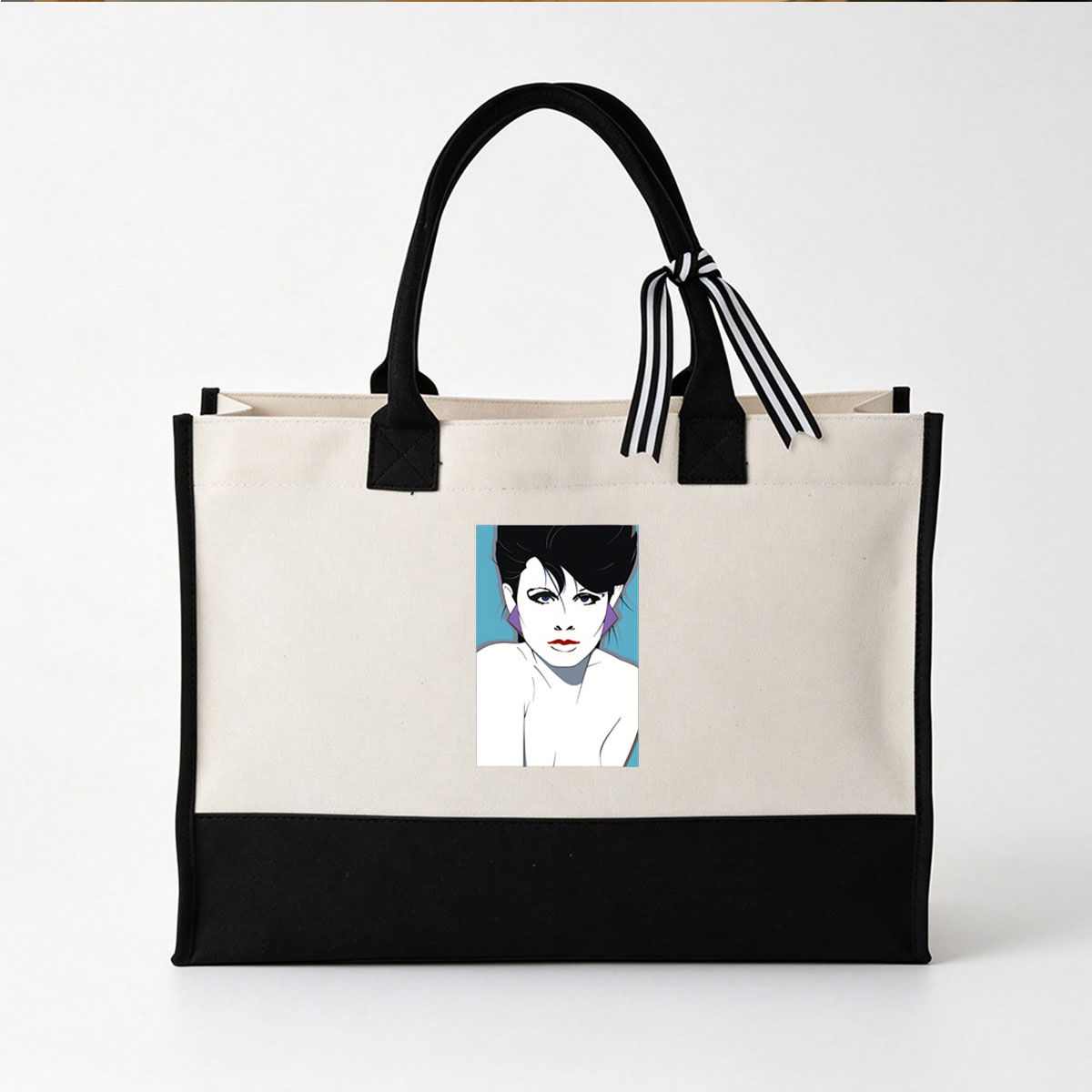 Stylized Portrait of a Woman with Bold Makeup and Purple Earrings - Canvas patchwork gift tote bag