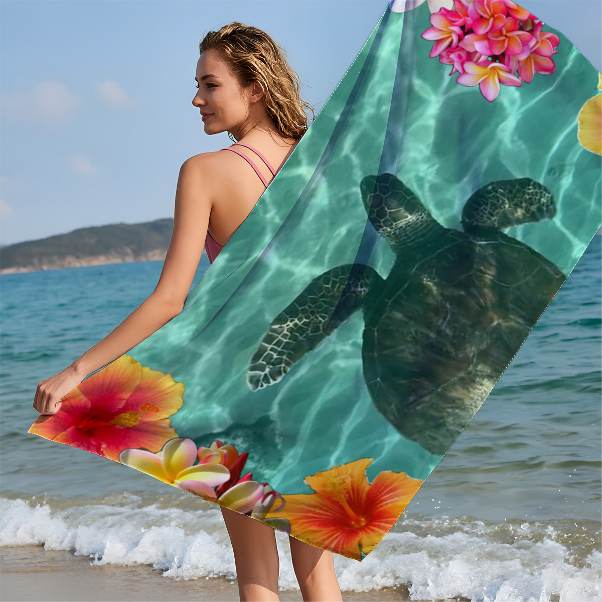Sea Turtle Swimming Among Tropical Flowers in Clear Water - Beach towels
