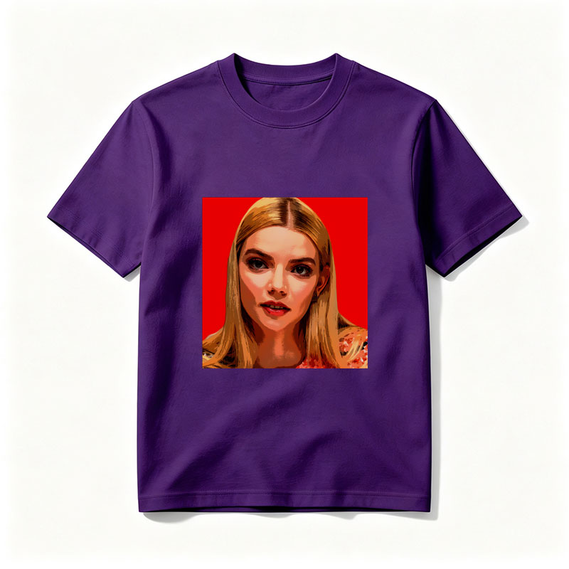 Anya Taylor-Joy in a stylized portrait with bold red background - Tee