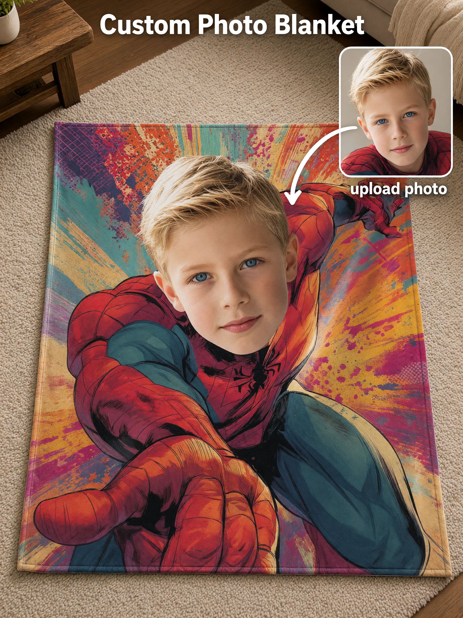 Custom Photo Face Superhero Flannel Blanket, Personalized Comic Hero Fleece Throw for Kids, Cozy Birthday Gift