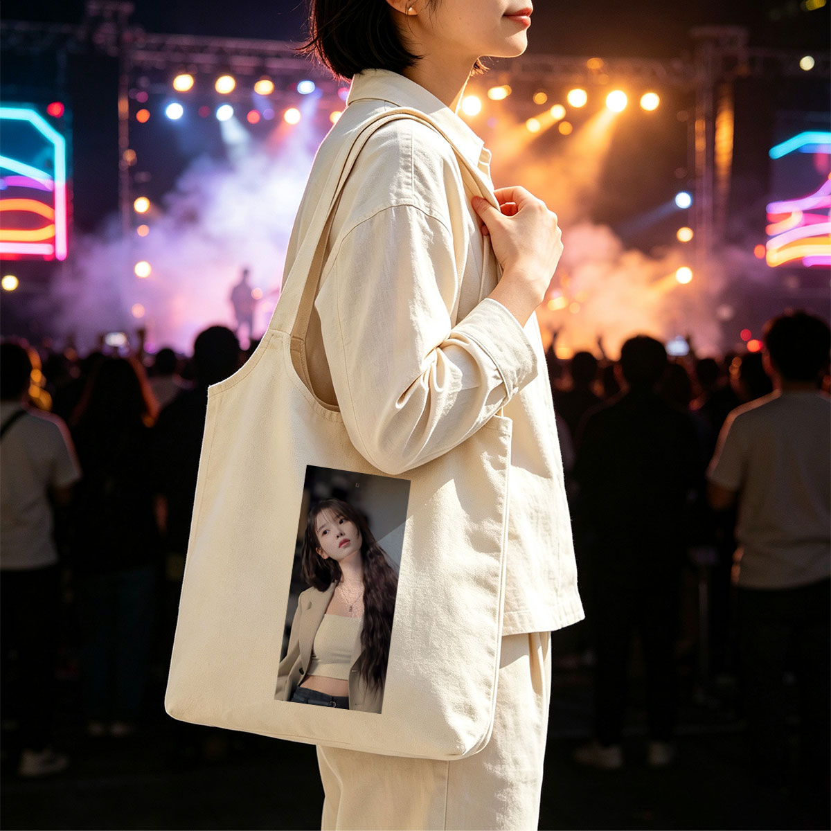 IU in a stylish outfit with a beige blazer and white crop top, showcasing her long wavy hair and elegant necklace. - Canvas shoulder bags/