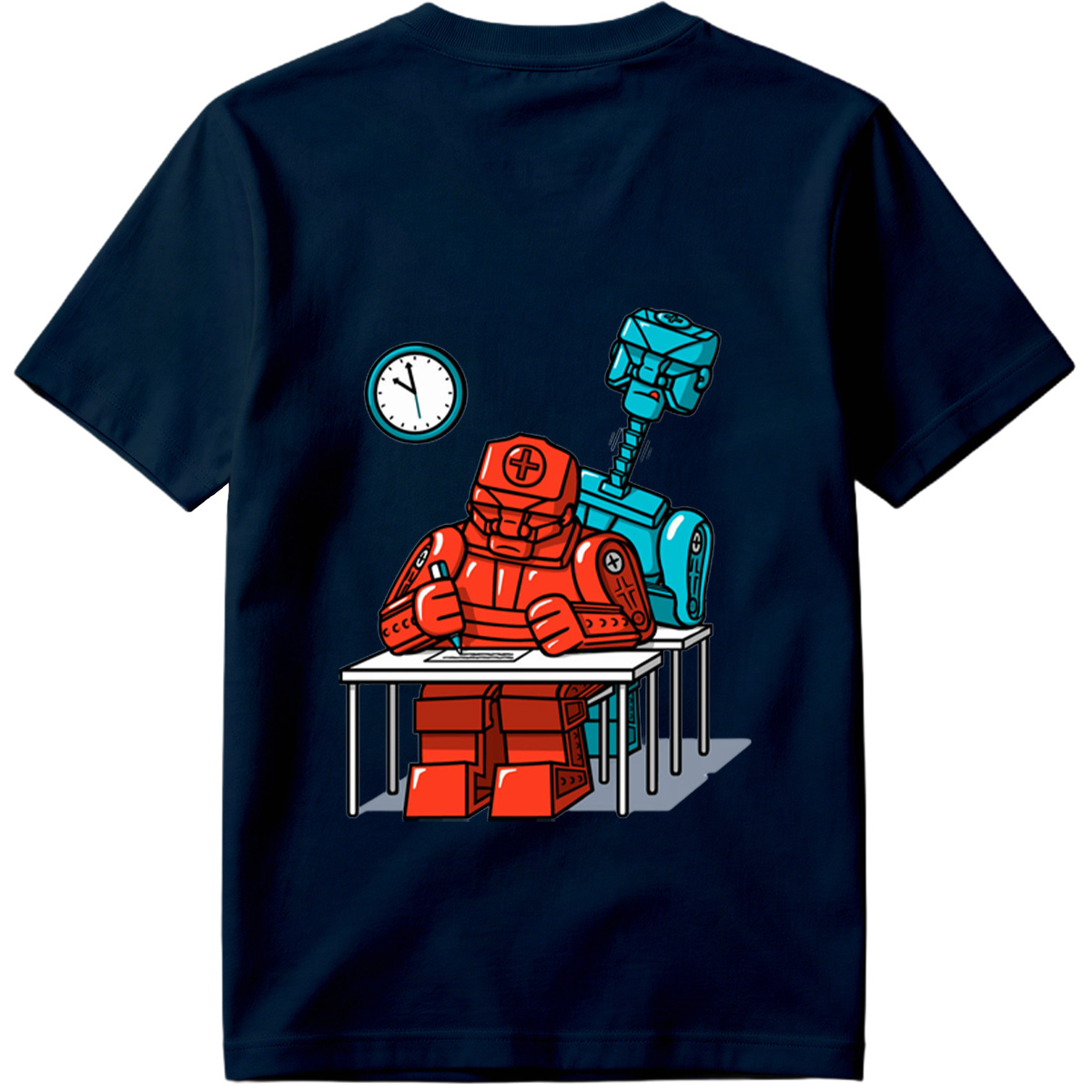 Red Robot Student at Desk with Blue Robot Friend - Tee