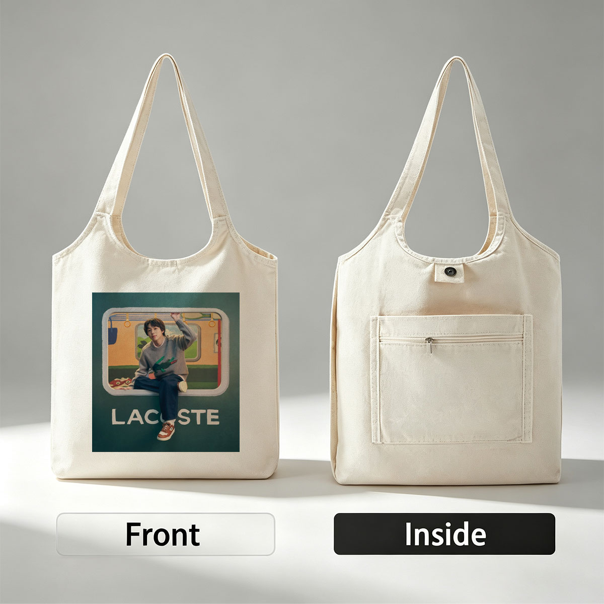 BTS Jungkook in a Vibrant Subway Scene Wearing Lacoste Fashion - Canvas shoulder bags/