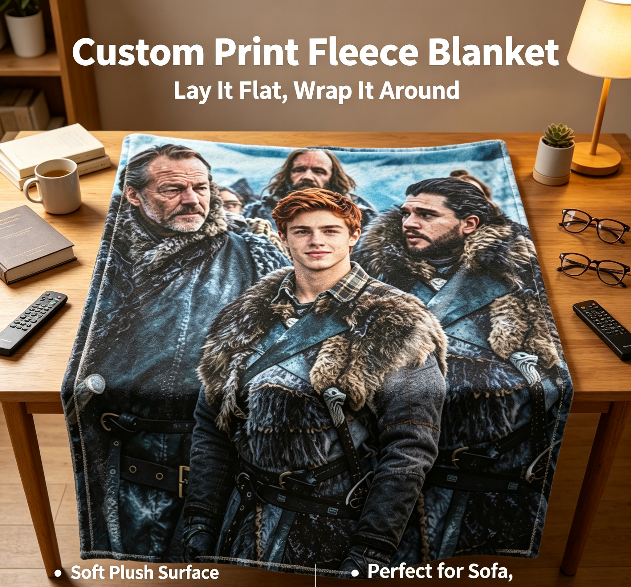 Custom Face Blanket Game of Thrones Jon Snow and Friends Flannel Blanket Cozy Winter Gift for Fans and Collectors