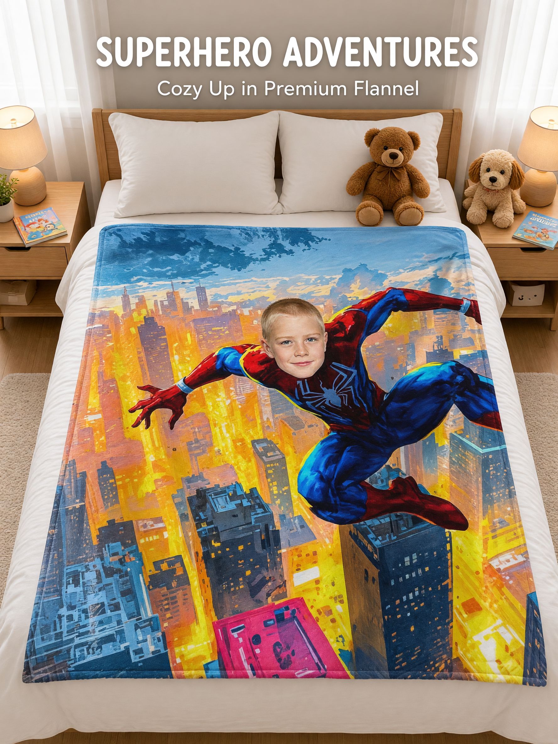 Personalized Face Superhero Fleece Blanket Custom Photo Upload Plush Flannel Throw for Kids Cozy Birthday Keepsake Gift
