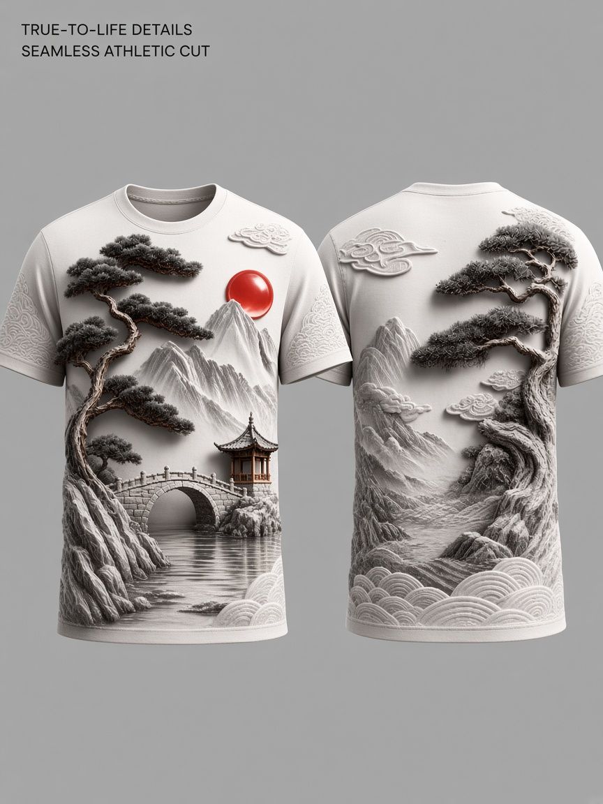 Oriental Mountain Landscape 3D Optical Illusion Graphic Tee Breathable Athletic Mesh T-Shirt Casual Sports Wear