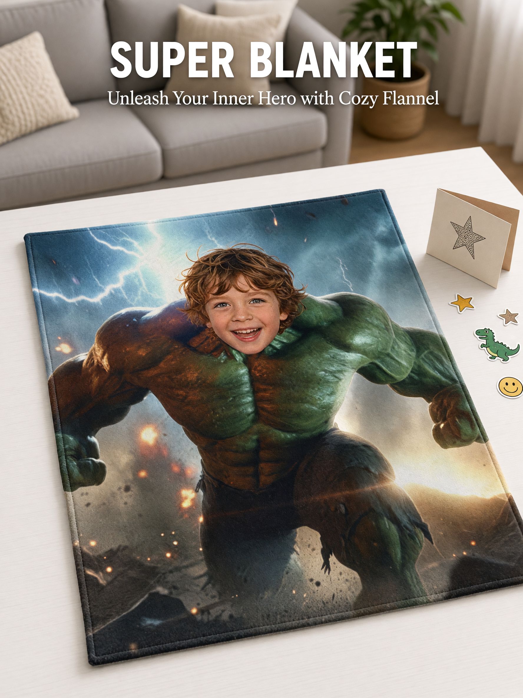 Personalized Superhero Face Photo Flannel Blanket Ultra Soft Anti Pilling Throw for Kids Cozy Custom Bedding Gift