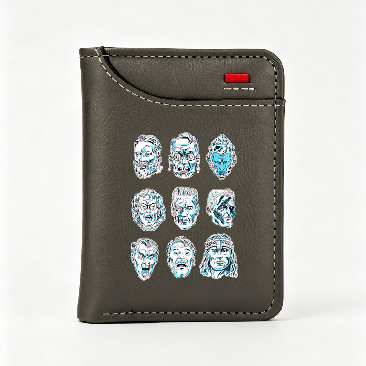 Iconic Horror Characters: Frankenstein, Dracula, Wolfman, Mummy, Bride of Frankenstein, Creature from the Black Lagoon, Invisible Man, Phantom of the Opera, and Gill-Man - Vertical Style Wallet