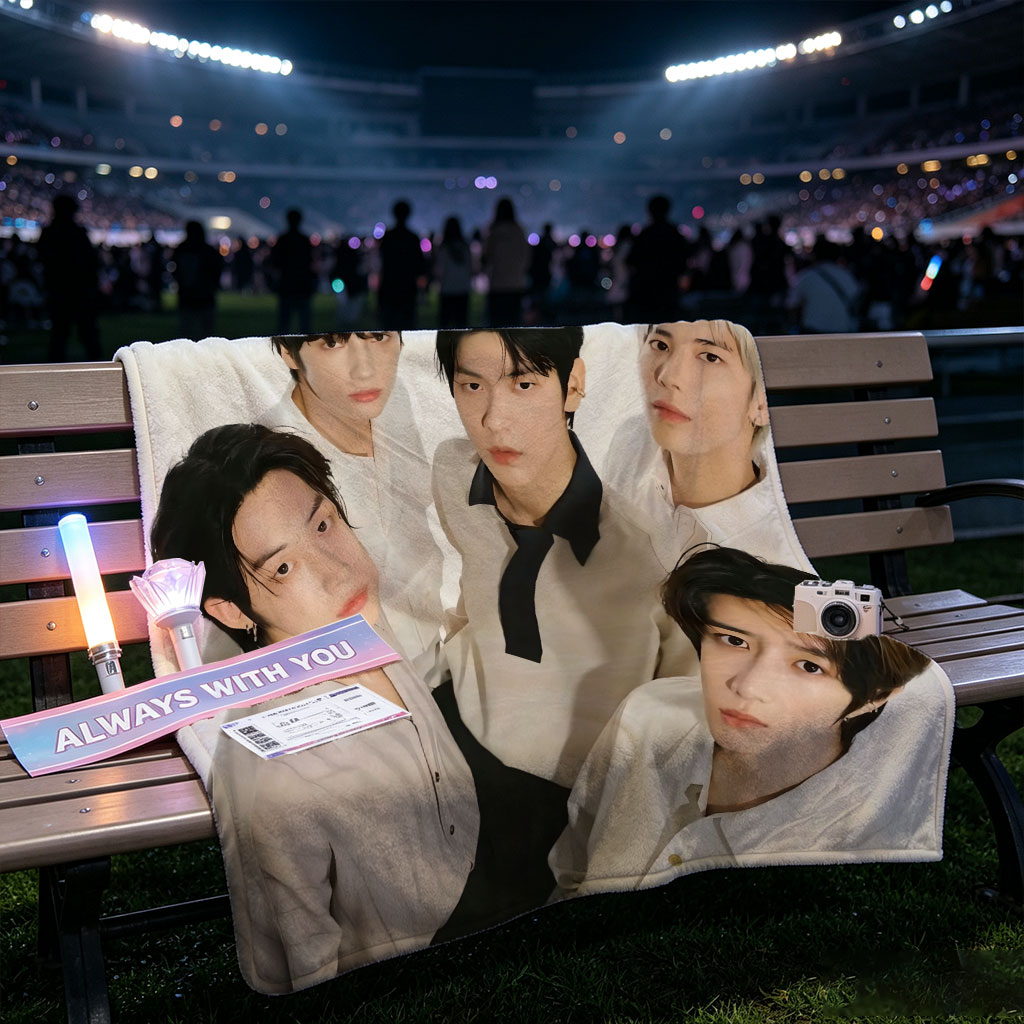 Tomorrow X Together Group Portrait in Minimalist White Outfits on Clean Background - Blankets
