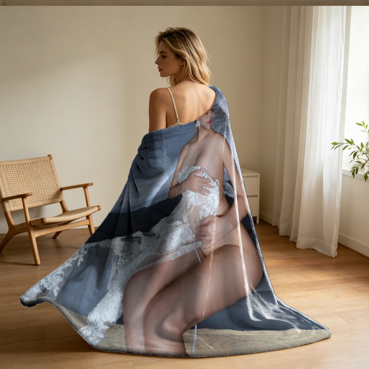 Pink Lingerie Seduction on Striped Bed - Blanket