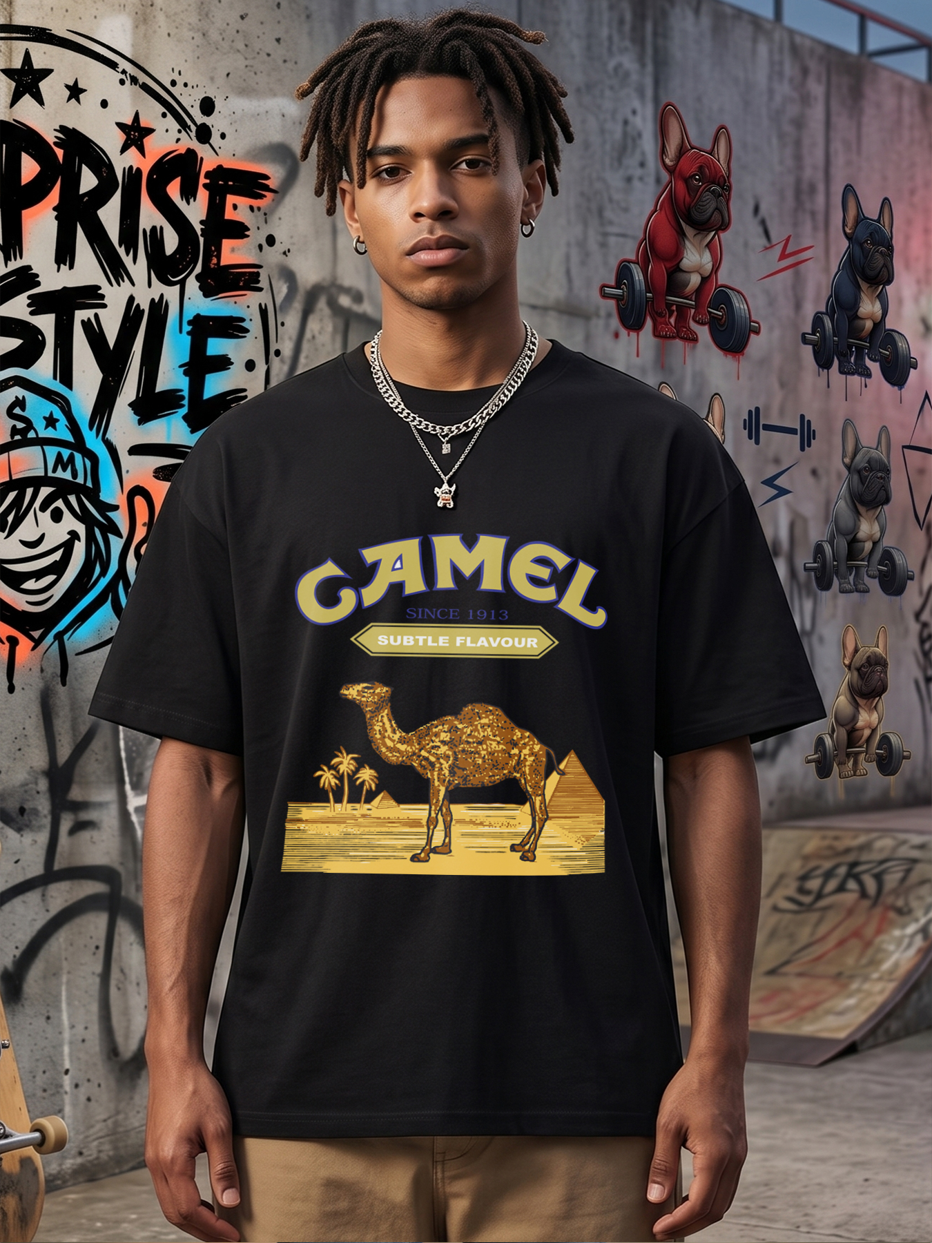 Men's Camel Print T-Shirt with Desert Scene and 
