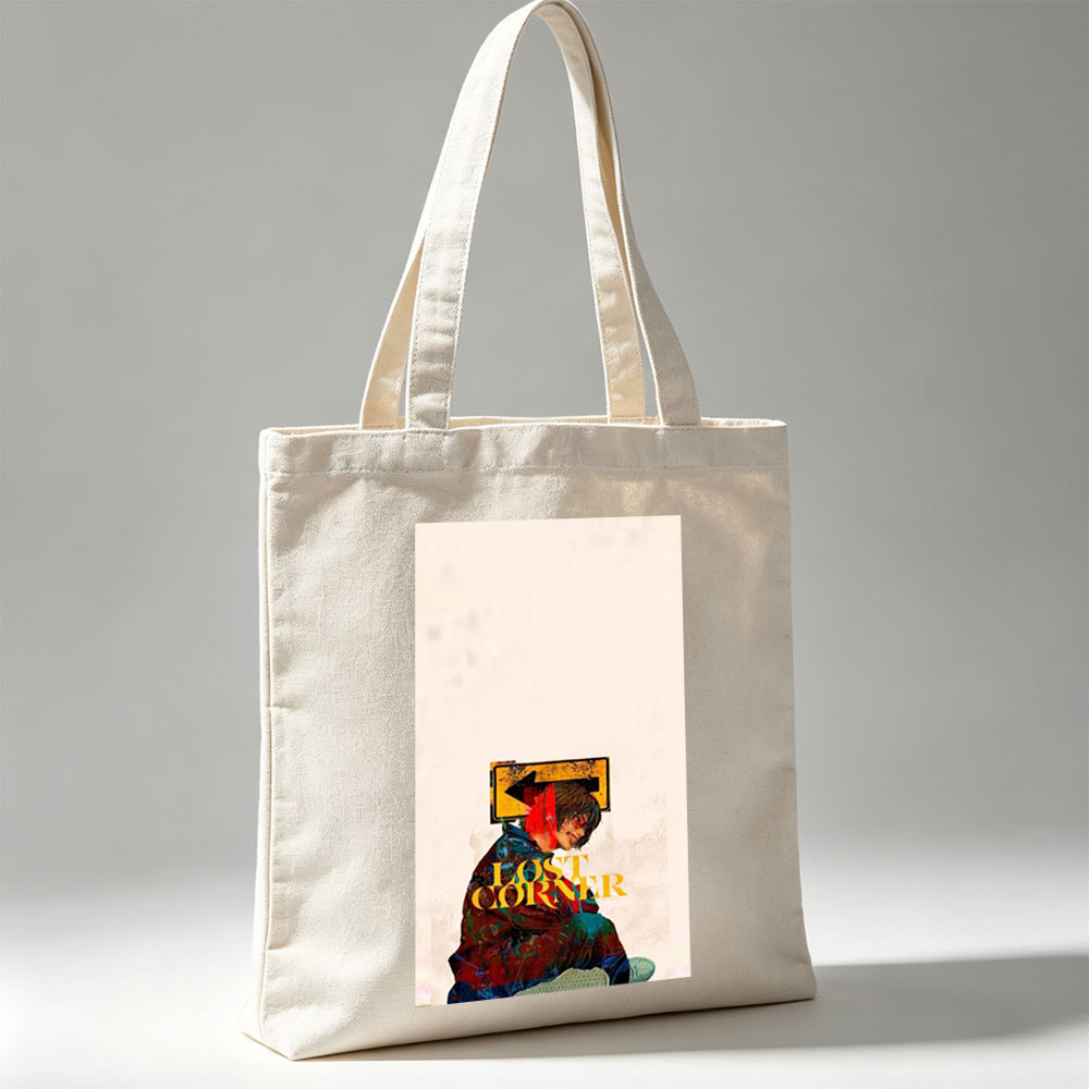Lost Corner Artist in Colorful Jacket with Arrow Sign and Text Overlay - Canvas tote bags