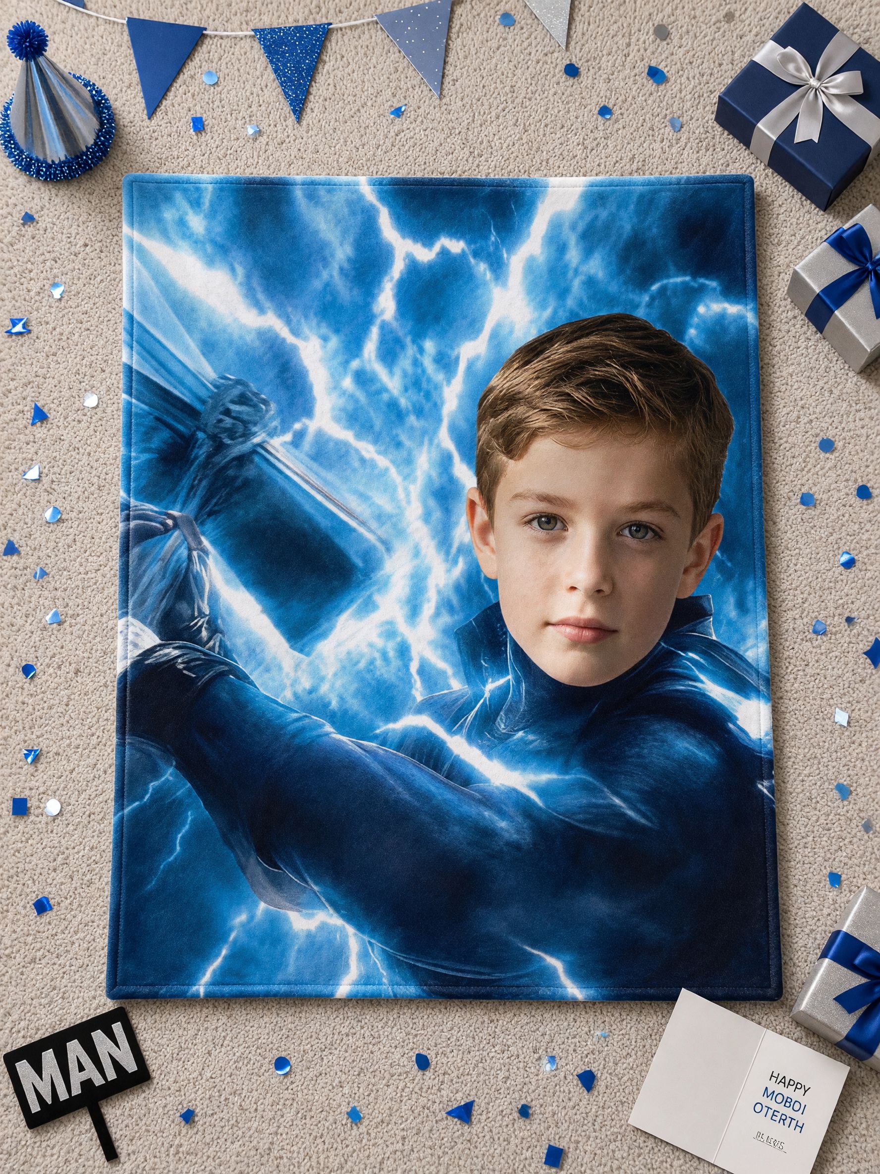 Custom Face Photo Blanket Superhero Lightning Print Flannel Fleece Throw, Cozy Plush Bed Couch Ideal Personalized Gift