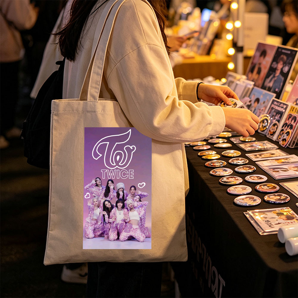 TWICE Group Photo in Pink Patterned Outfits with Heart Emojis and Logo Background - Canvas tote bags