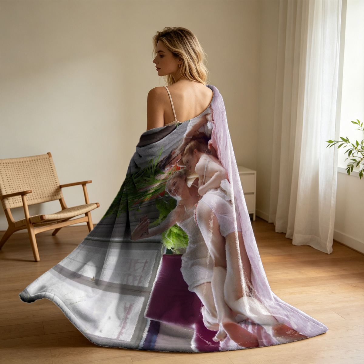 Beautiful Woman in White Shirt Posing by Window - Blanket