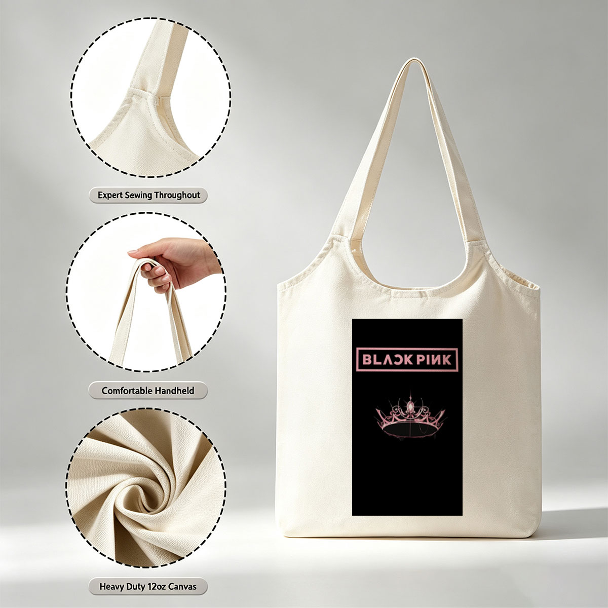 BLACKPINK Crown Logo on Black Background - Canvas shoulder bags/