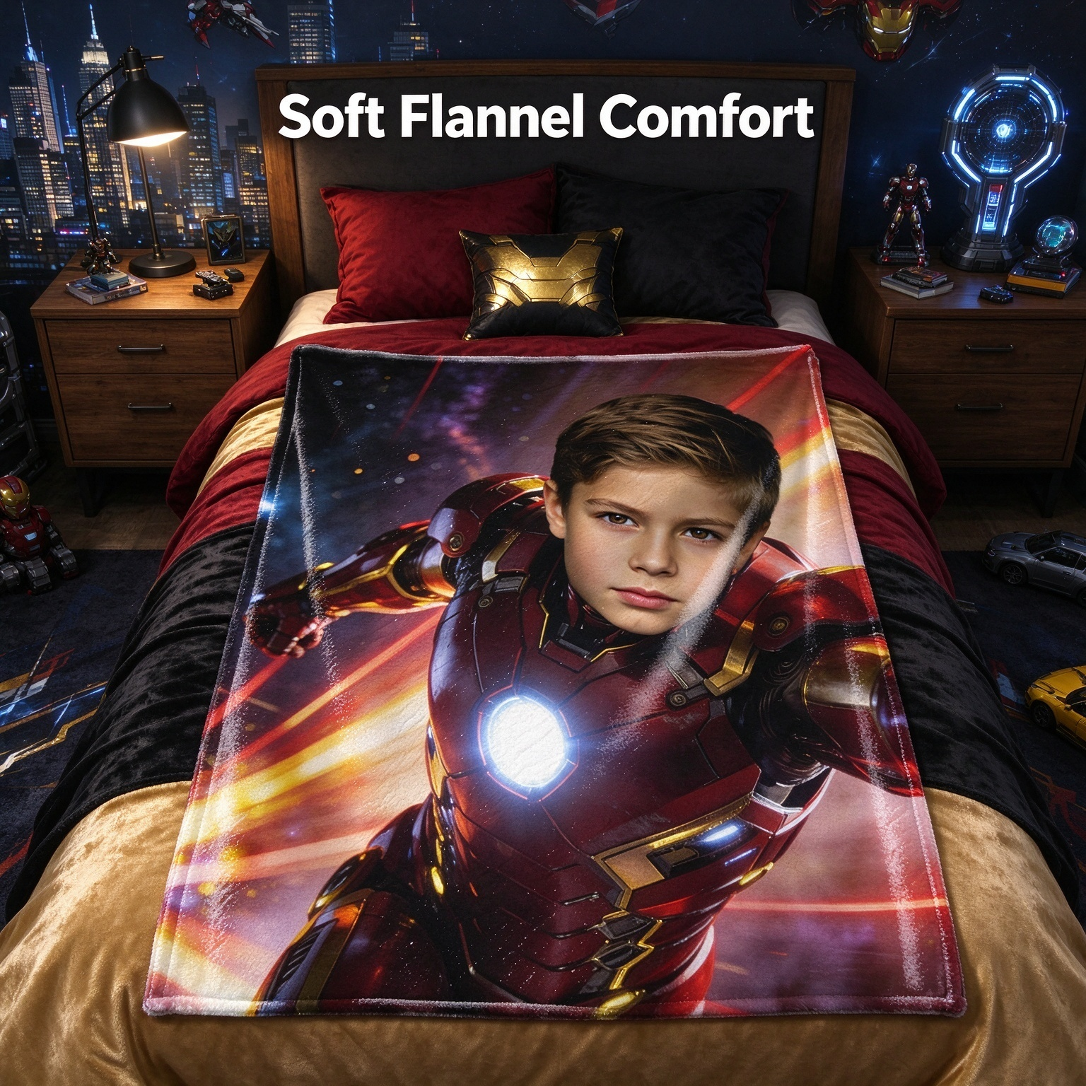 Custom Photo Superhero Face Blanket Personalized Ultra Soft Flannel Fleece Throw for Kids Boys Cozy Birthday Gift