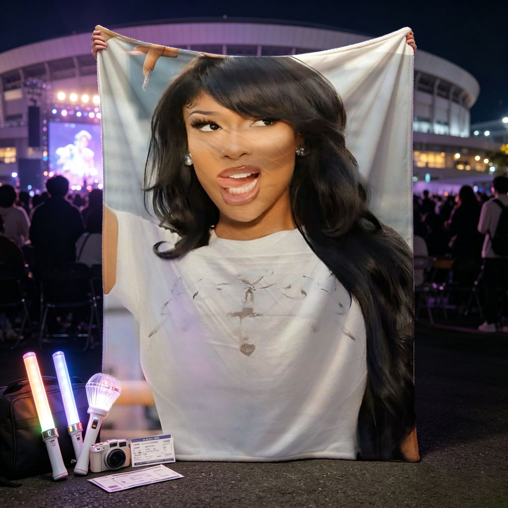 Megan Thee Stallion in a Bold Pose Wearing a White Crop Top with Cross Design and Long Black Hair Against a City Skyline Background - Blankets