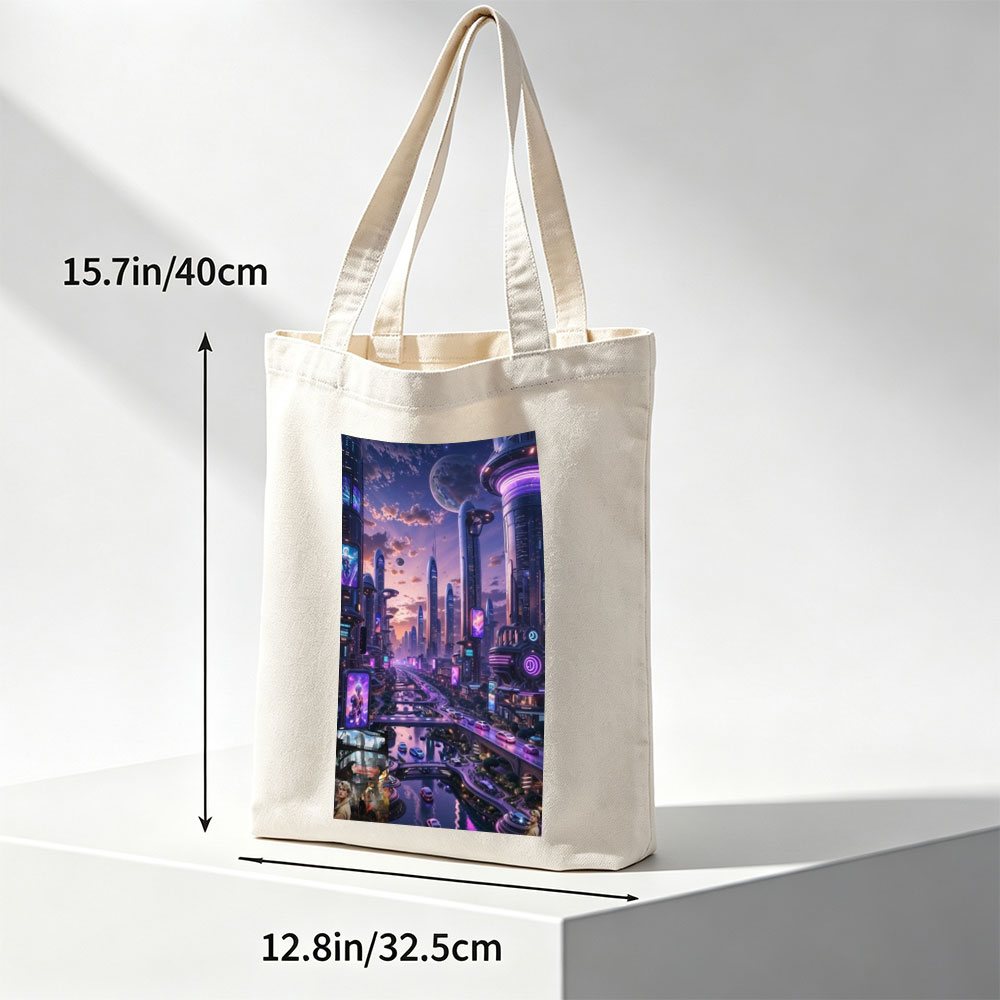 Taylor Swift in Futuristic Cityscape - Neon-Lit Metropolis with Hovering Cars and Giant Moon in the Sky - Canvas tote bags