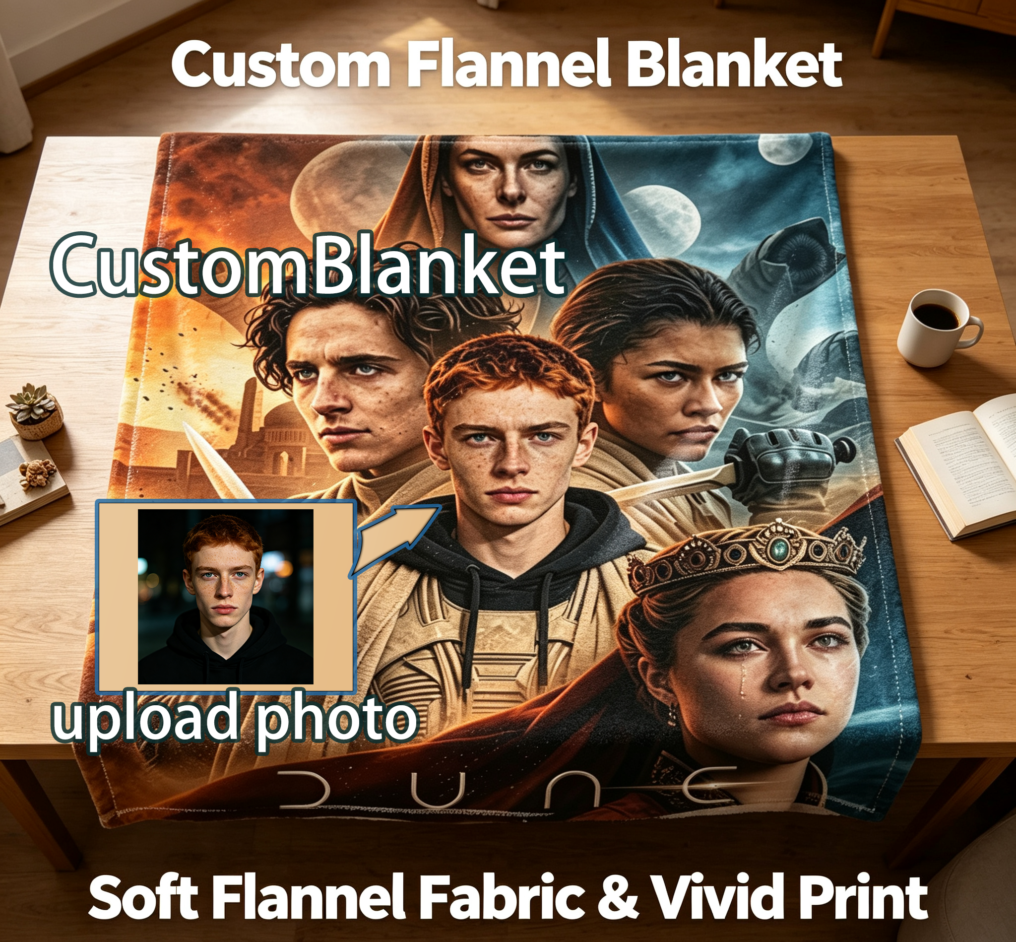 Custom Face Blanket Dune Part Three Messiah Flannel Blanket Movie Character Portrait Soft Cozy Throw Perfect for Fans Gift or Giveaway