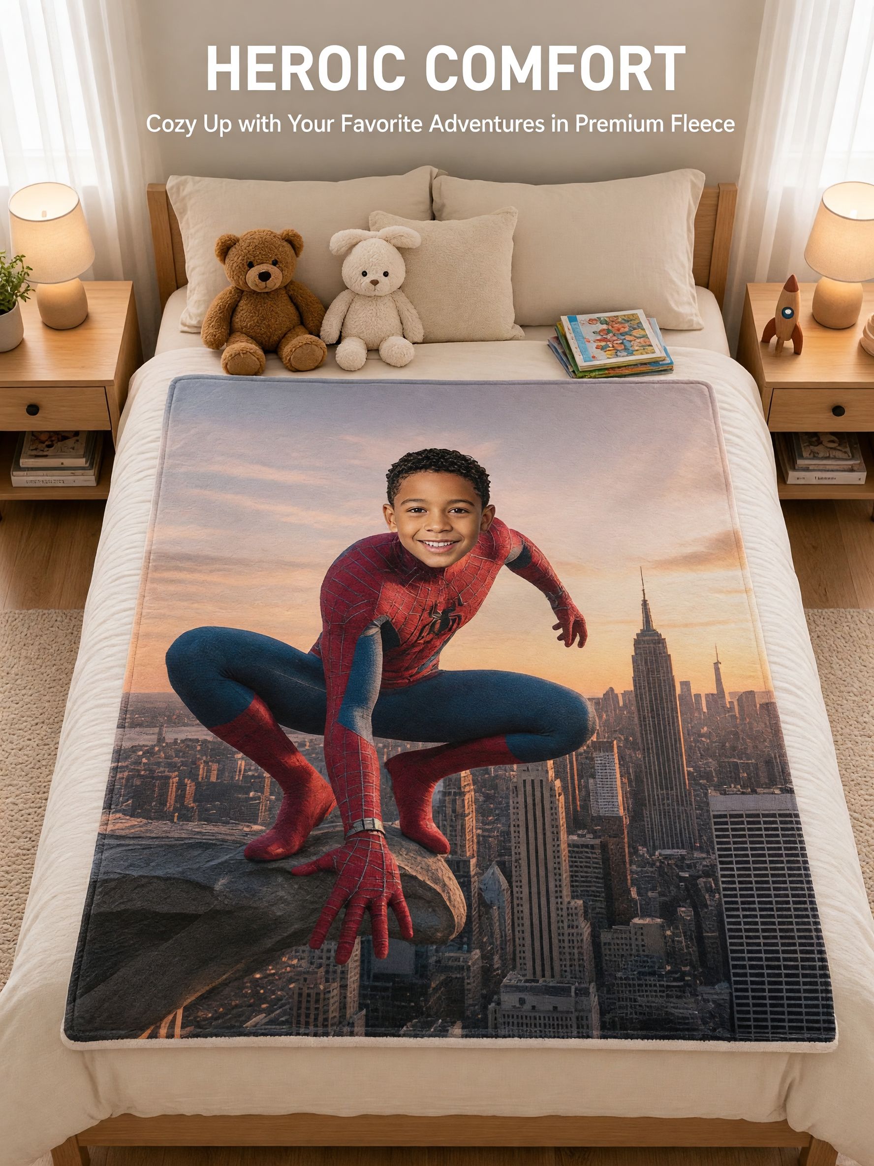 Custom Face Photo Superhero Flannel Throw Blanket Personalized City Hero Ultra Soft Cozy Bed Couch Fleece Gift for Kids