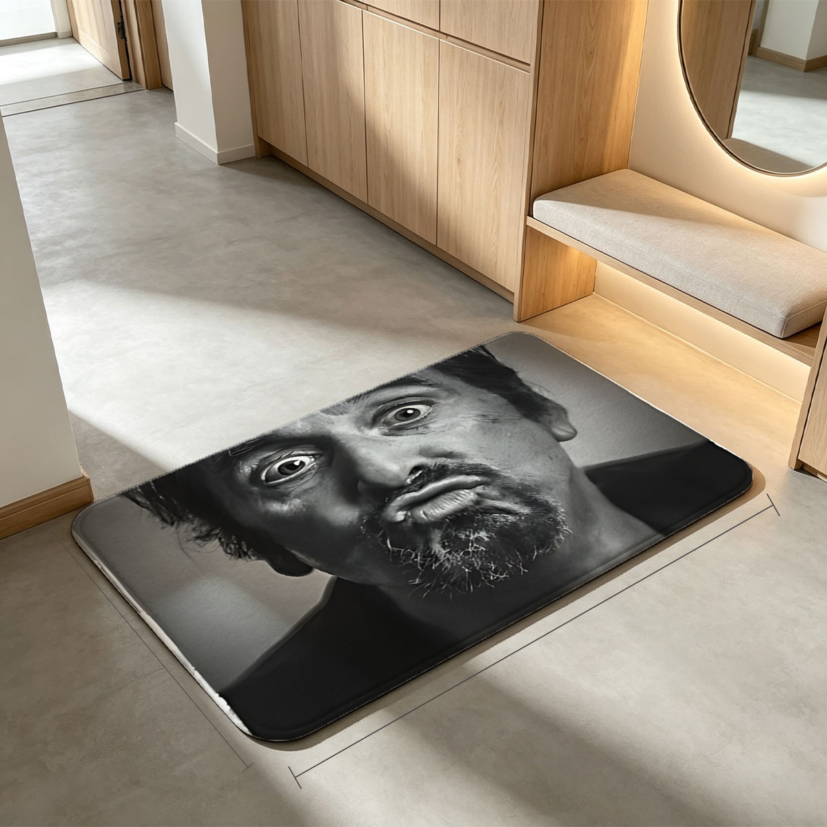 Al Pacino in a dramatic black-and-white portrait, displaying an intense expression with wide eyes and a furrowed brow. - Flannel floor mat
