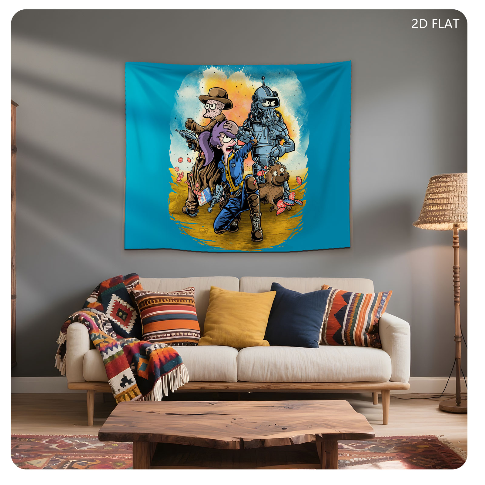 Futurama Characters: Fry, Leela, Bender, and Scruffy in a Dynamic Scene - Tapestry