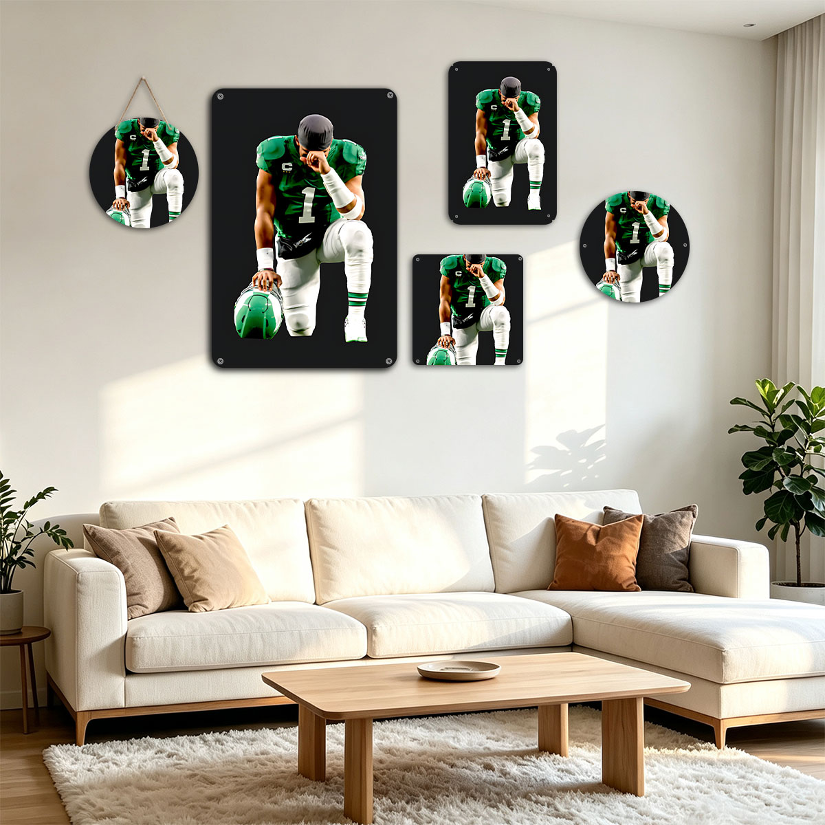Quarterback in Green Jersey with Number 1, Holding Helmet, Kneeling Pose - painting
