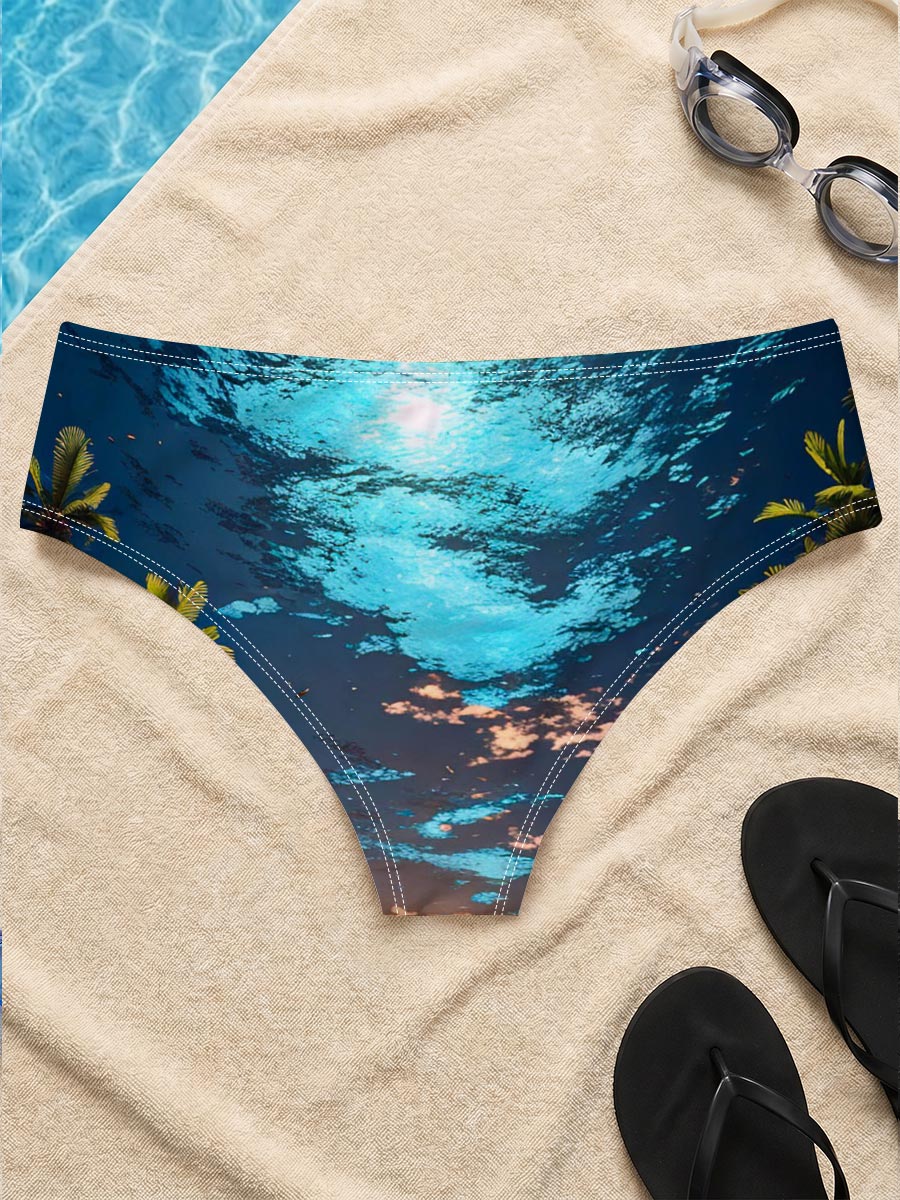 Man stands on water under surreal sky, surrounded by palm trees at twilight -  Men's swim trunks