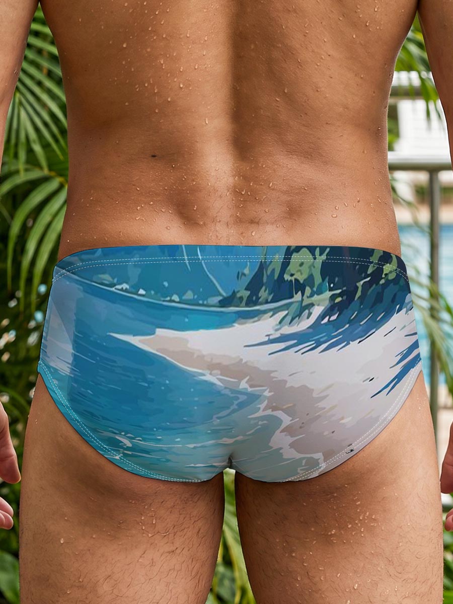 Tropical Beach with Crystal Clear Water and Palm Trees -  Men's swim trunks