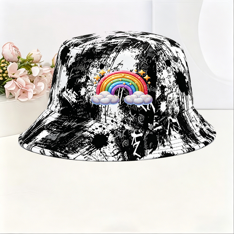 Unisex Classic Graffiti Bucket Hat with Rainbow Cloud Print and Sparkle Stars Design | Casual Outdoor Sun Protection Hat for Men Women | Perfect for Beach Travel Daily Wear