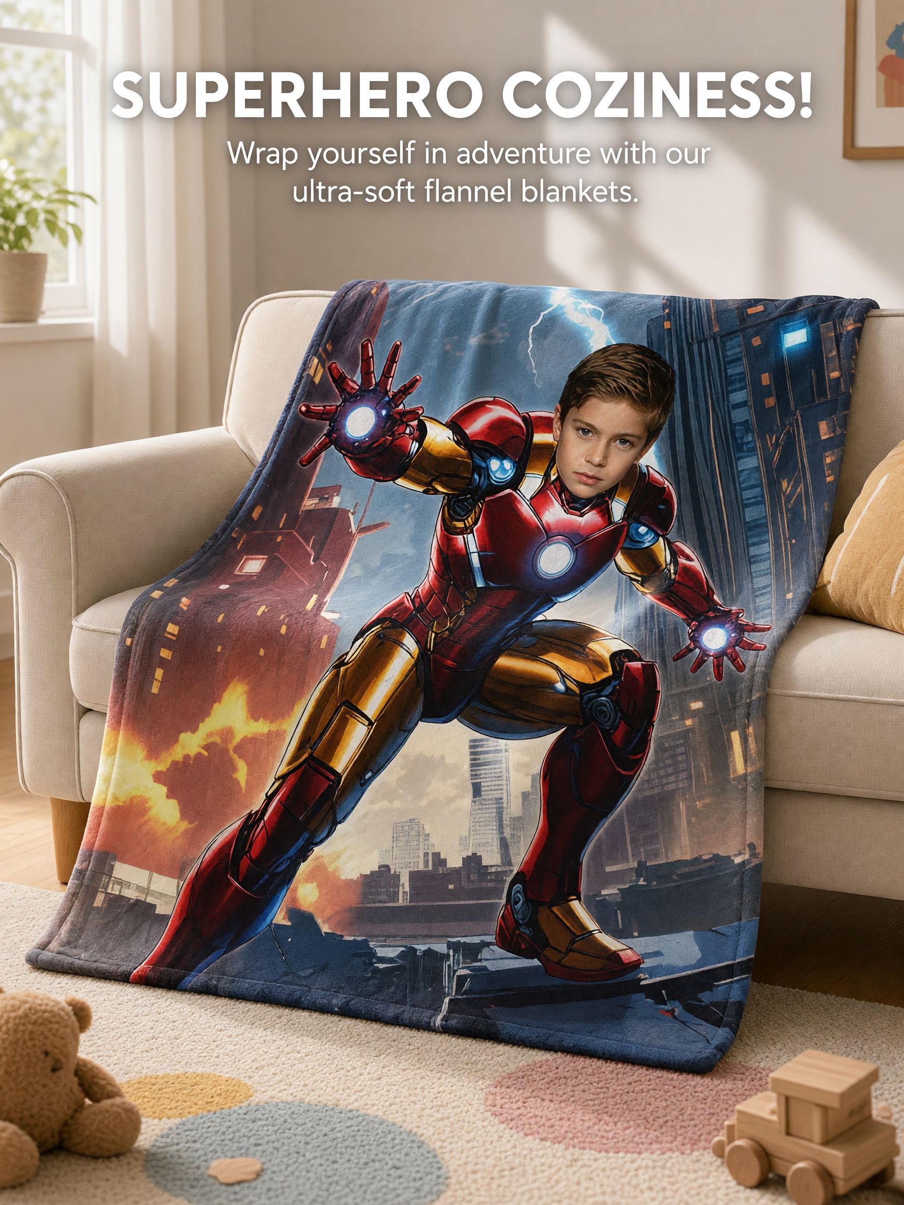 Personalized Superhero Photo Blanket Custom Face Flannel Fleece Throw Soft Warm Bedding Gift for Kids and Teens