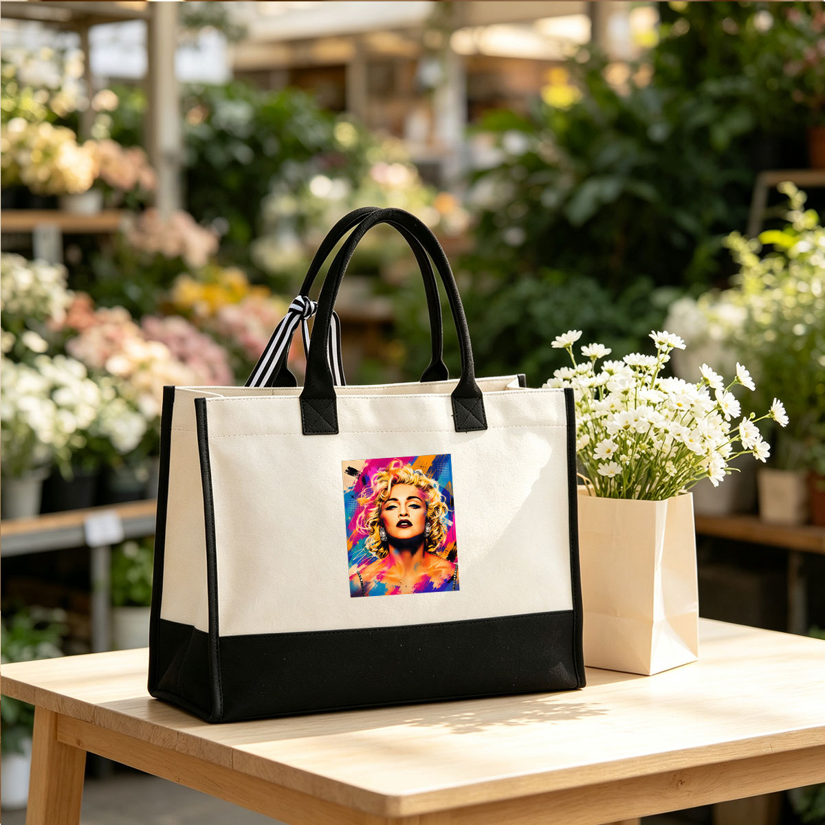 Madonna in Vibrant Pop Art Portrait - Canvas patchwork gift tote bag