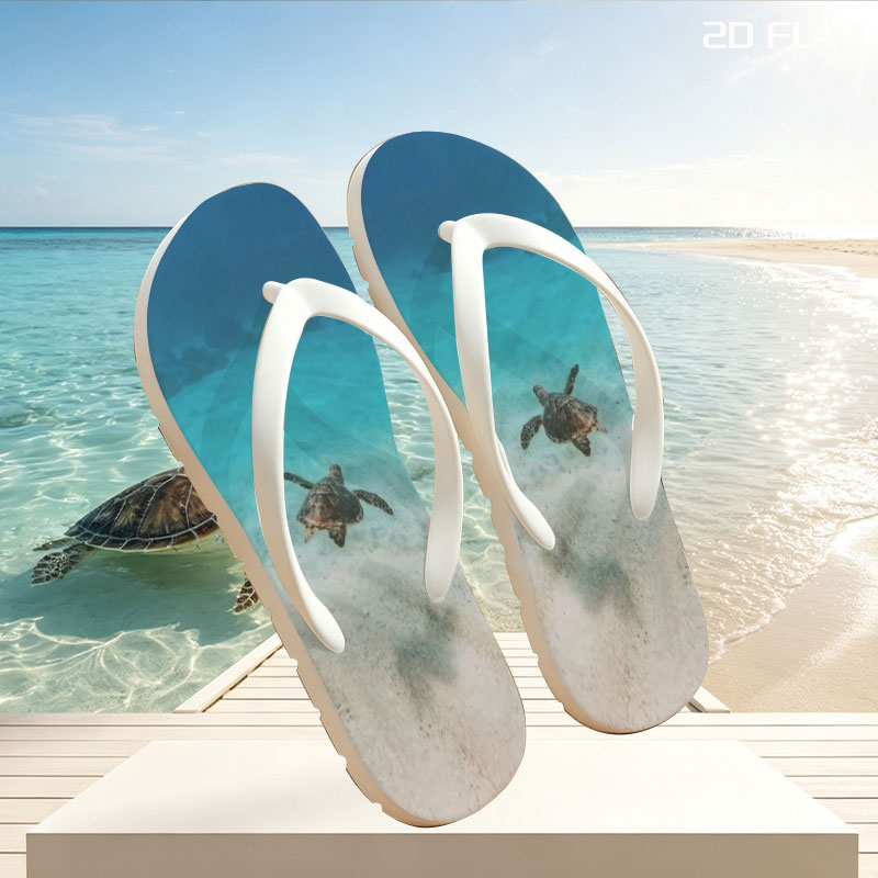 Sea turtle swimming in clear blue water over sandy ocean floor -  flip-flops