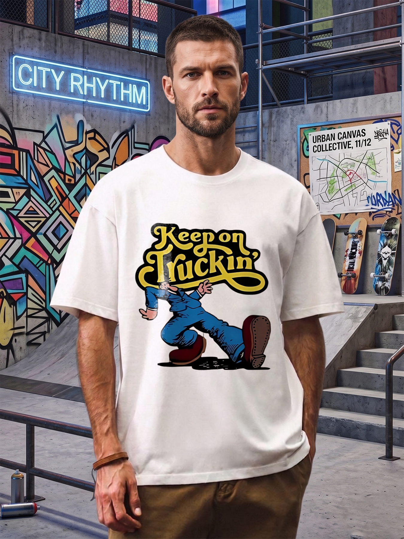 Men's Printed T-Shirt Keep on Truckin' Cartoon Man Running Graphic Casual Round Neck Summer Lightweight Breathable Short Sleeve T-Shirt for Daily Wear Outdoor Activities Adults