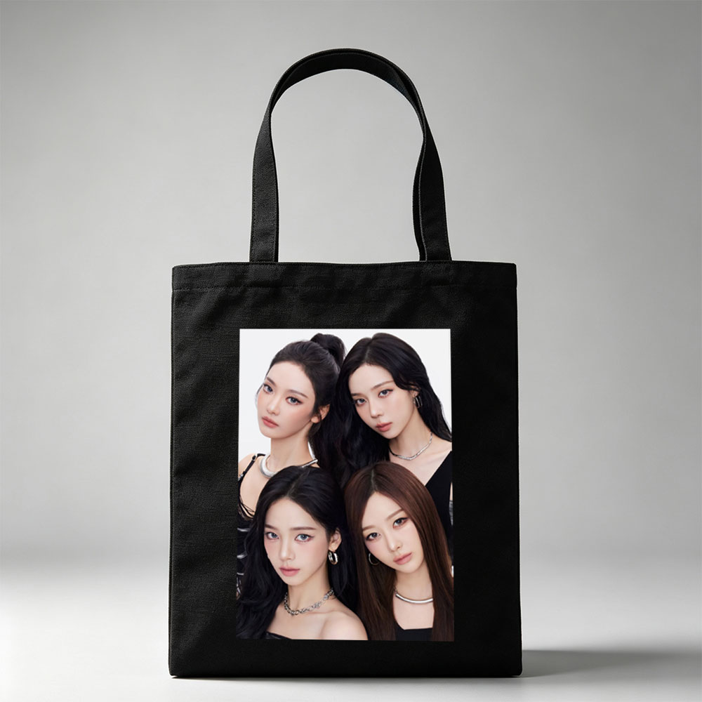 Aespa Members in a Close-Up Group Portrait with Elegant Black Outfits and Stylish Jewelry - Canvas tote bags