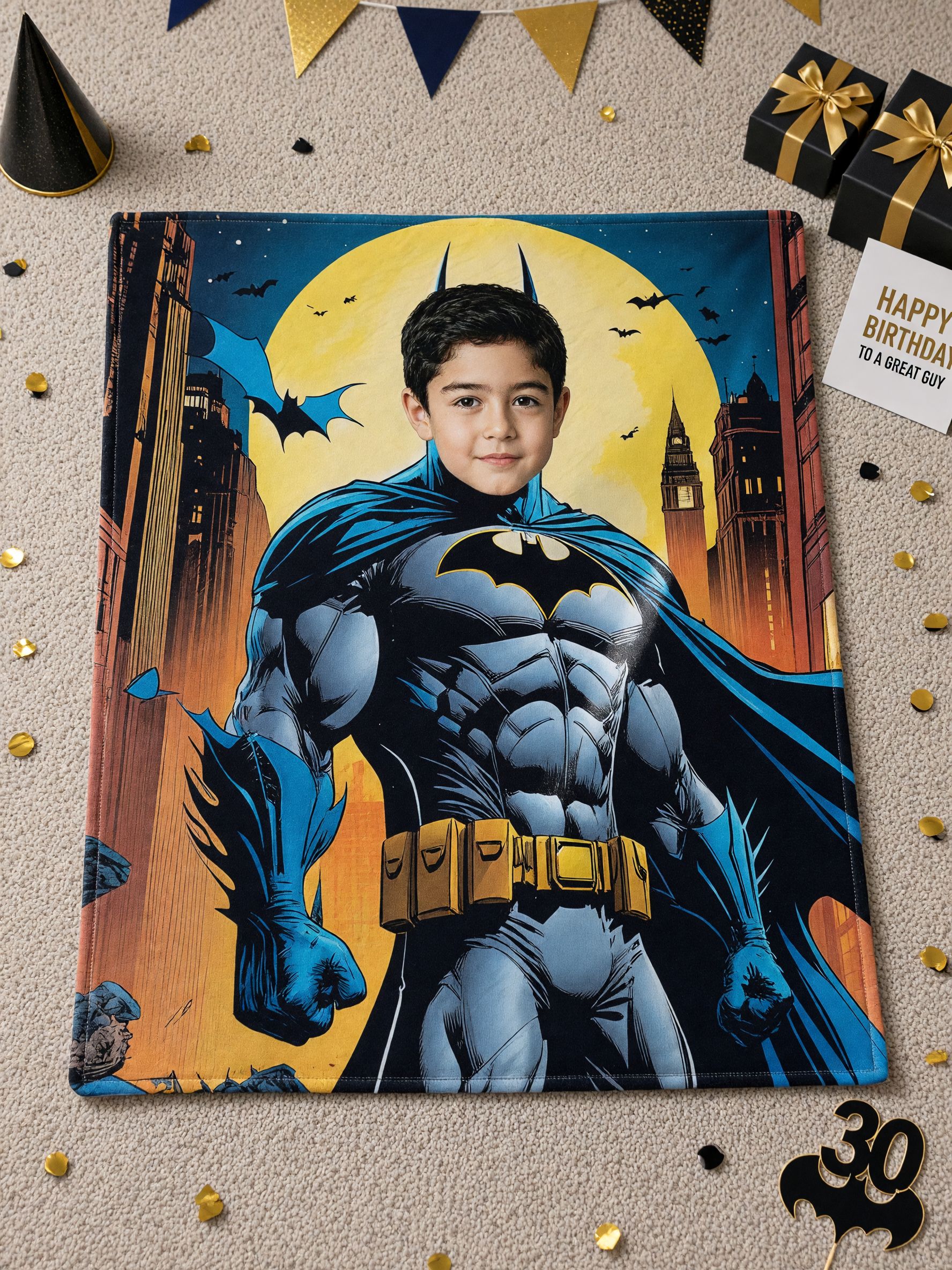 Custom Photo Superhero Face Blanket, Ultra Soft Flannel Fleece Throw, Ideal Personalized Gift for Kids and Comic Fans