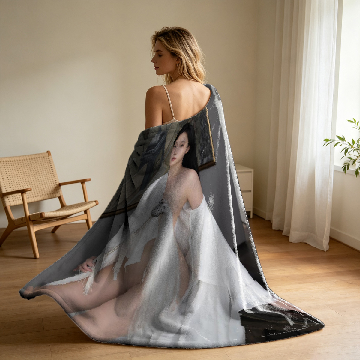 Two Beauties in Seductive Lingerie and Kimono Robes Embracing in a Luxurious Room - Blanket