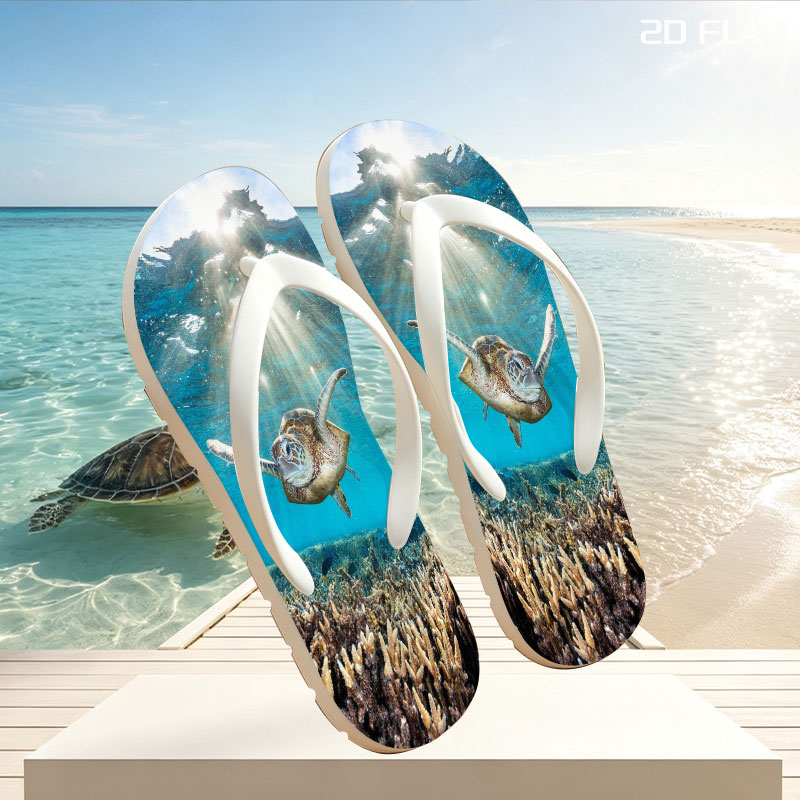 Sea turtle glides through sunlit coral reef -  flip-flops