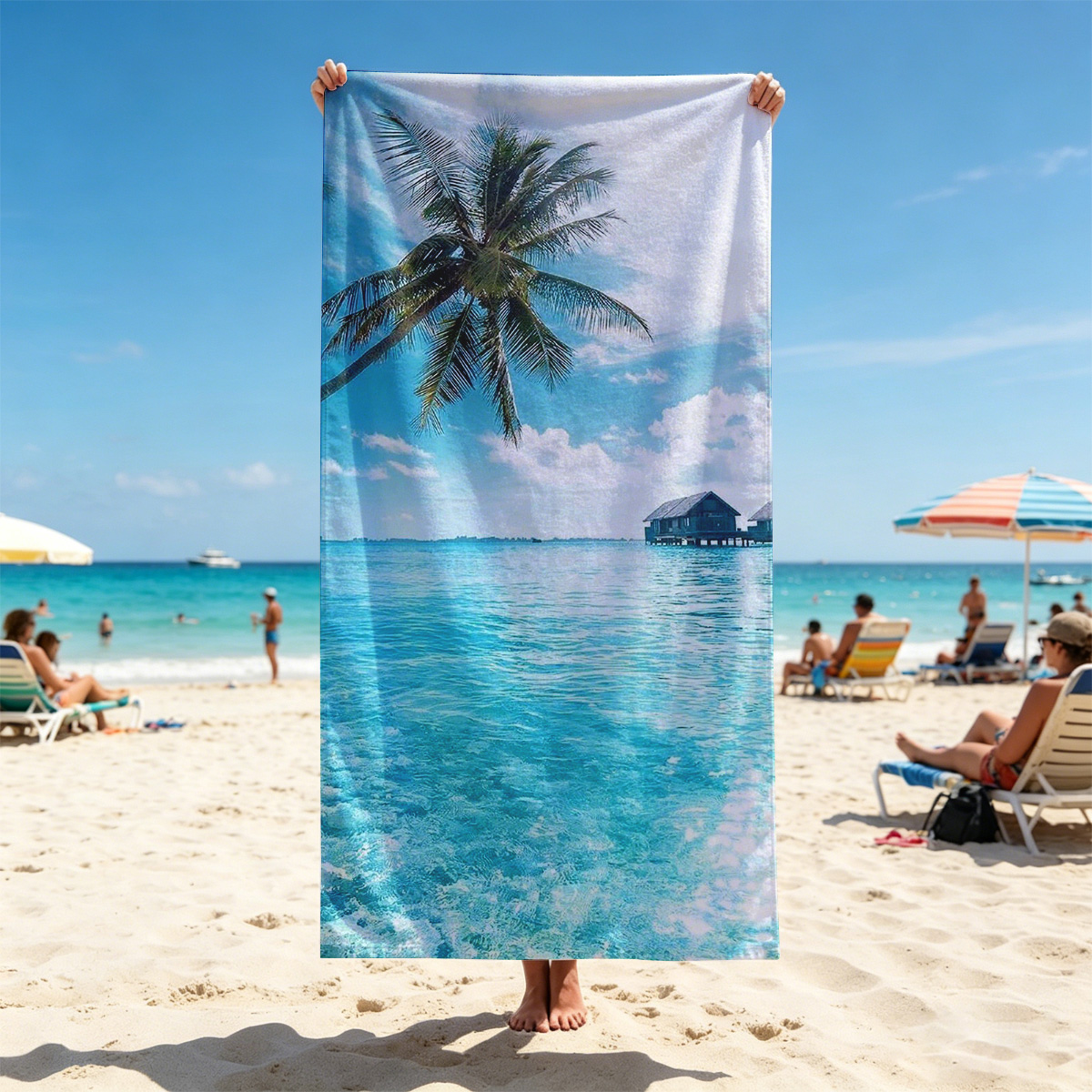 Tropical paradise with palm trees and overwater bungalows in crystal clear blue waters. - Beach towels