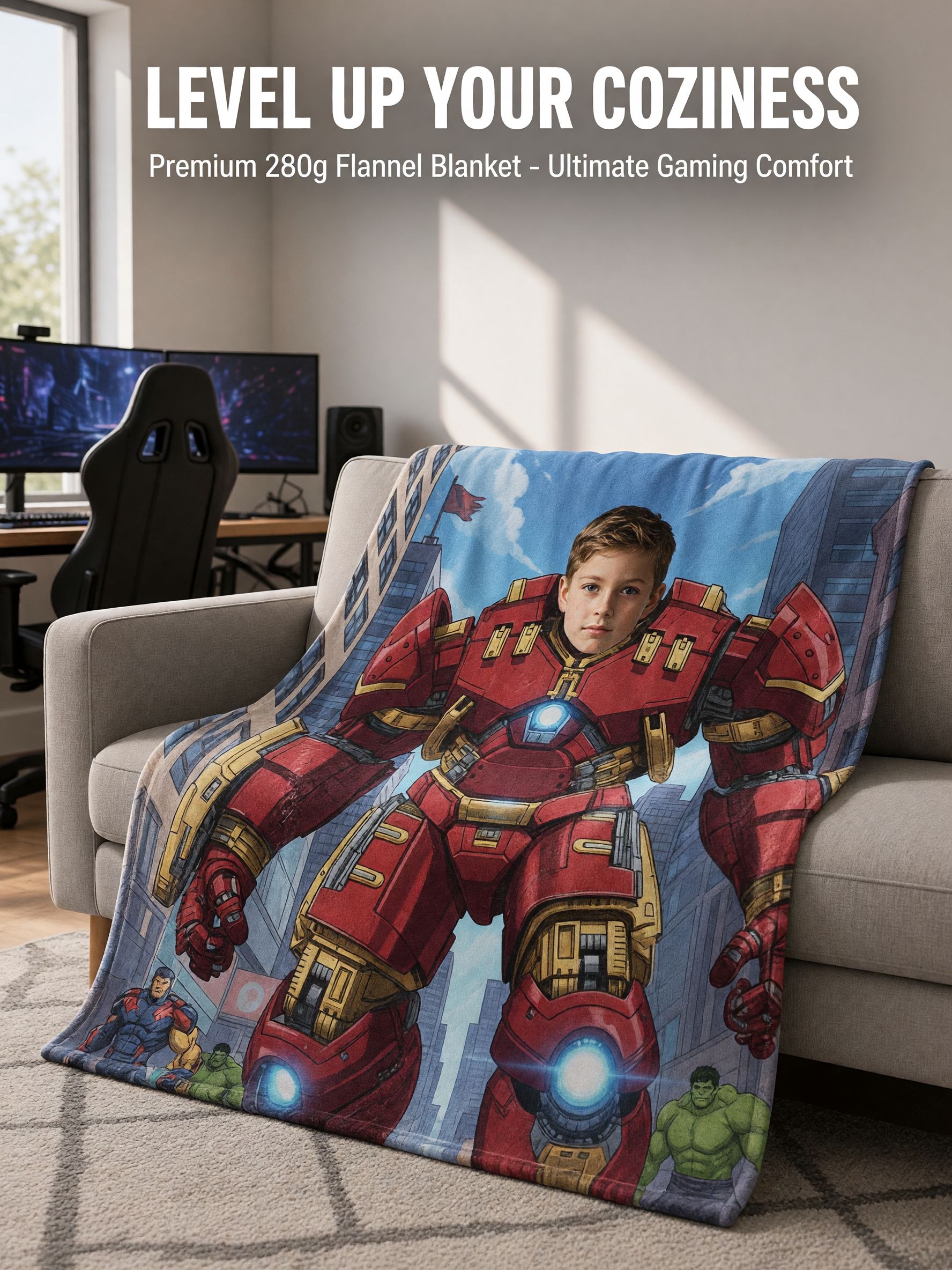 Custom Photo Superhero Armor Blanket Personalized Face Flannel Fleece Throw Skin Friendly Warm Bed Couch Gift for Boys