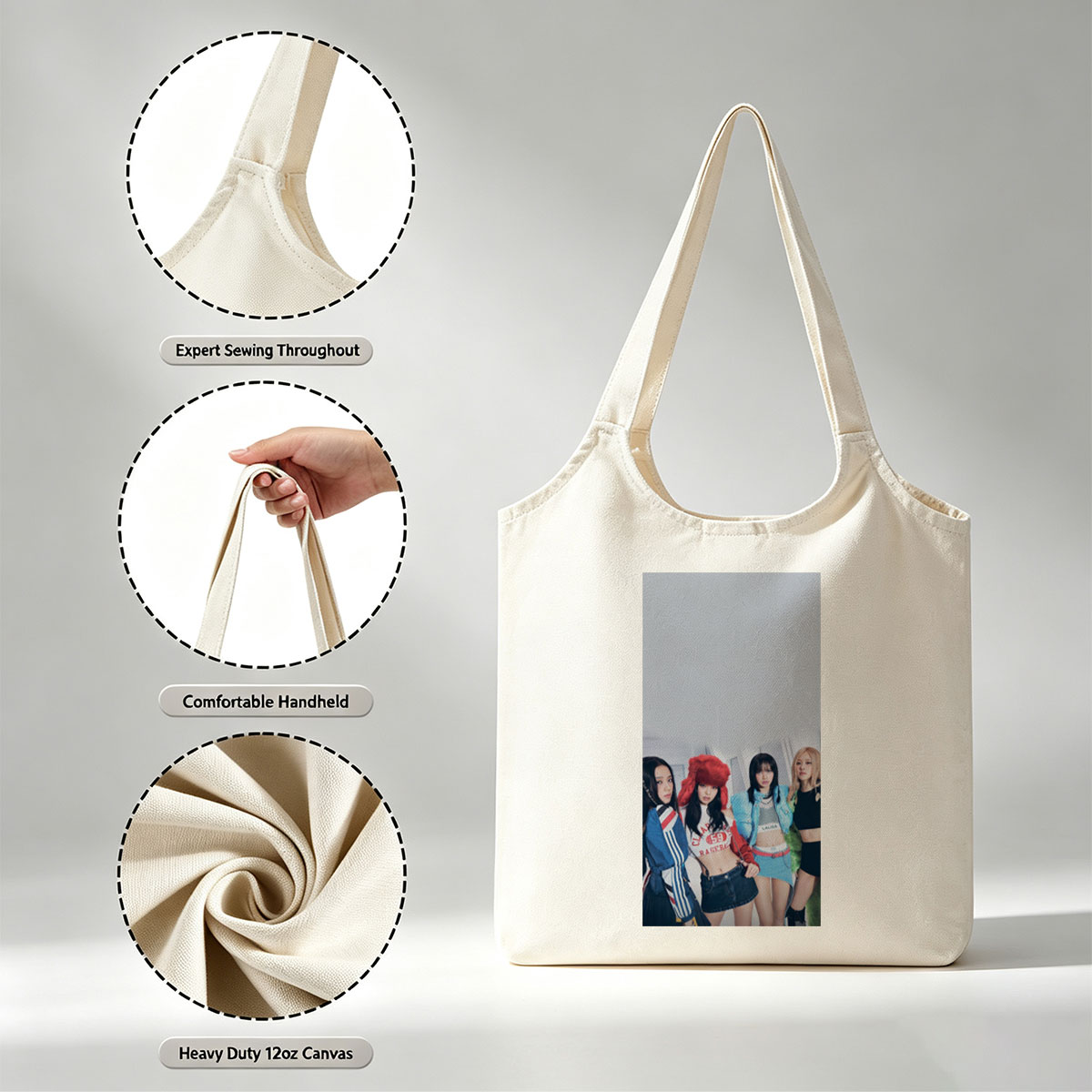 BLACKPINK in a stylish group photo wearing trendy outfits and posing confidently indoors - Canvas shoulder bags/