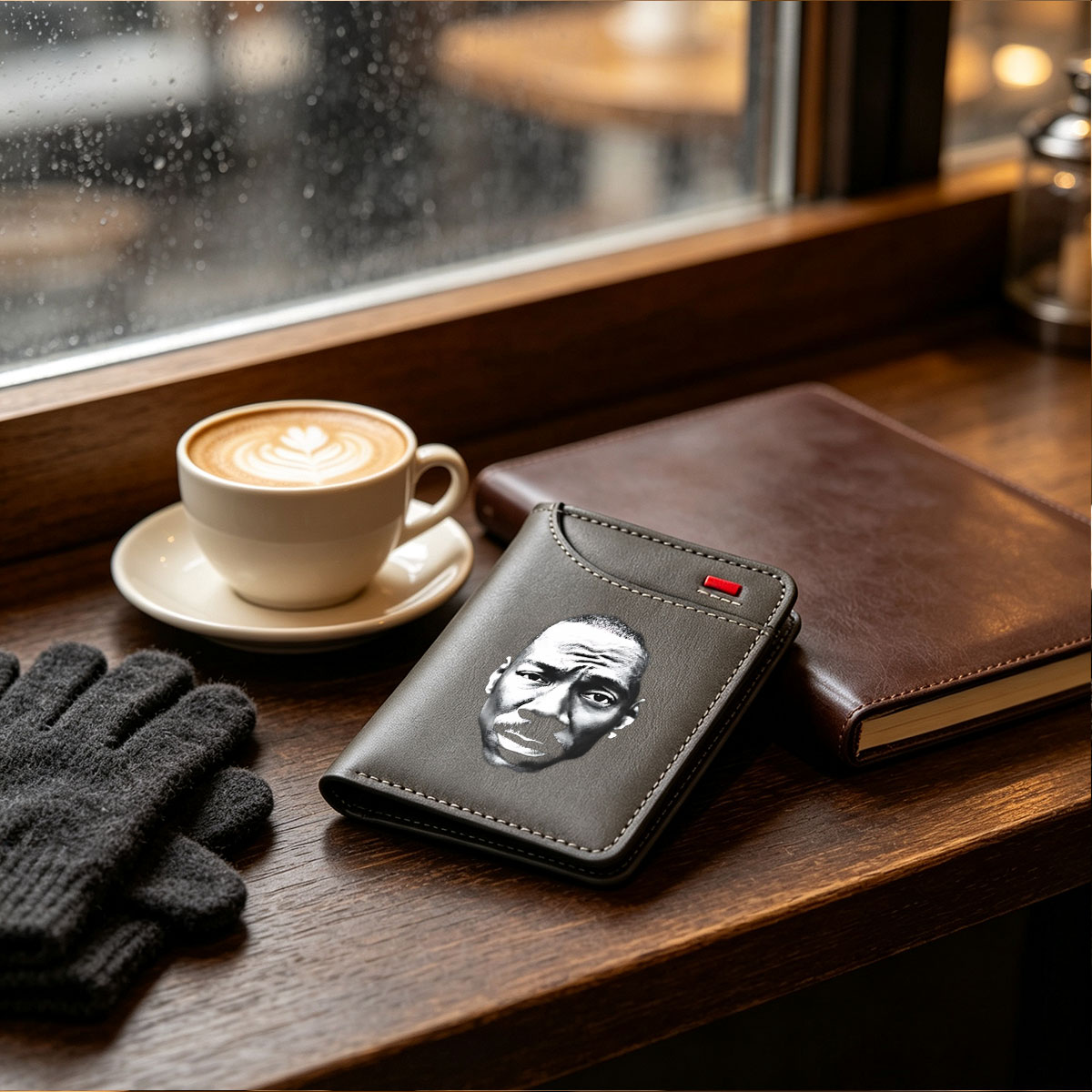 Eddie Murphy in a striking black and white portrait, showcasing his expressive features and iconic mustache. - Vertical Style Wallet