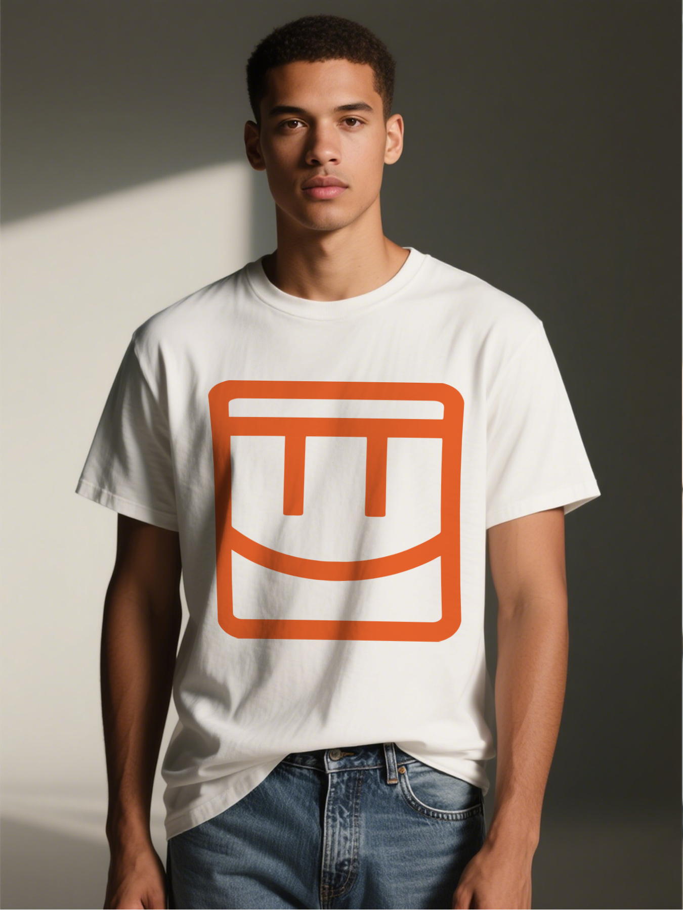 Men's Printed T-Shirt with Bold Orange Square Logo Design Casual Round Neck Lightweight Breathable Summer Short Sleeve Tee for Everyday Wear, Outdoor Activities, and Urban Style Fashion Lovers