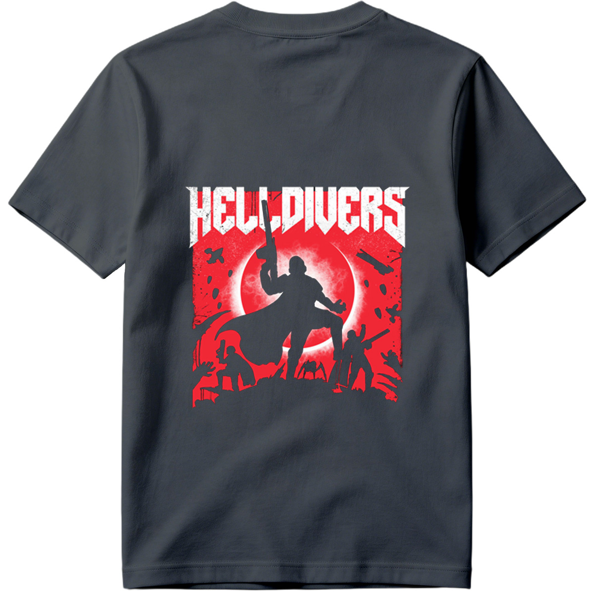 Helldivers: Silhouetted Warriors Against a Crimson Sky - Tee