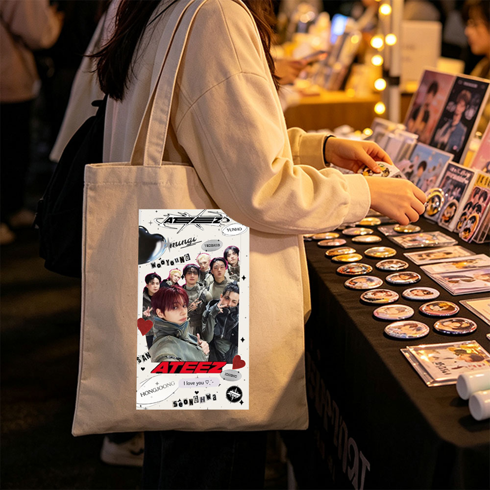 ATEEZ Group Photo Featuring Members in Stylish Outfits with Heart and Name Decorations - Canvas tote bags