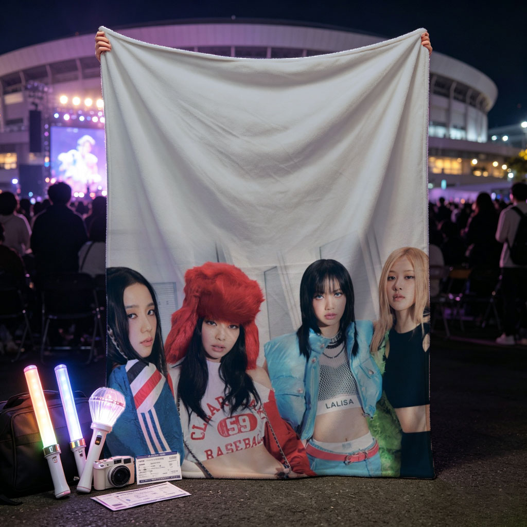 BLACKPINK in a stylish group photo wearing trendy outfits and posing confidently indoors - Blankets