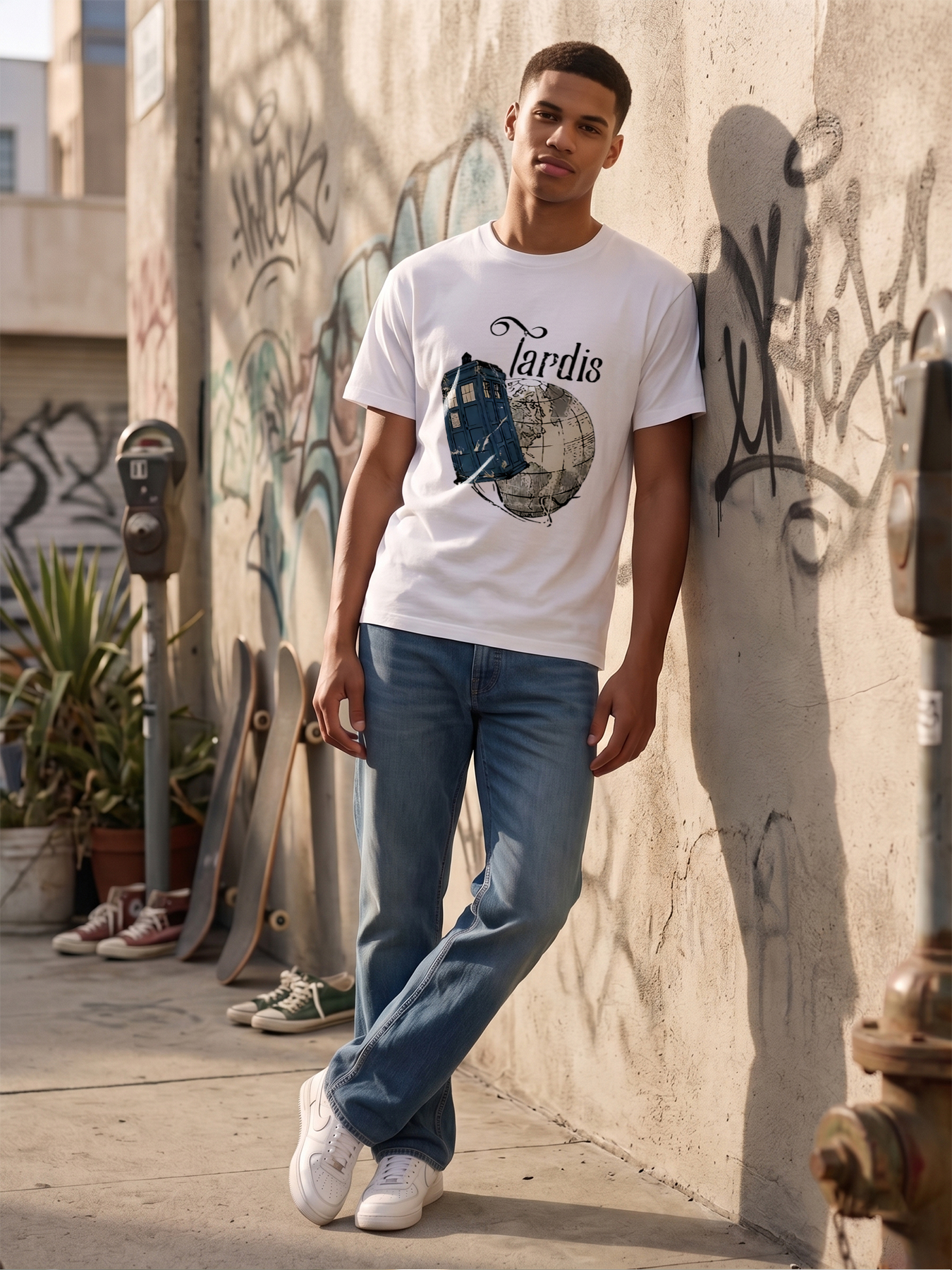 Men's Printed T-Shirt Featuring Police Box and Globe Design, Casual Round Neck Summer Lightweight Breathable Short Sleeve T-Shirt for Sci-Fi Fans and Travel Enthusiasts, Ideal for Daily Wear, Outings, and Themed Events
