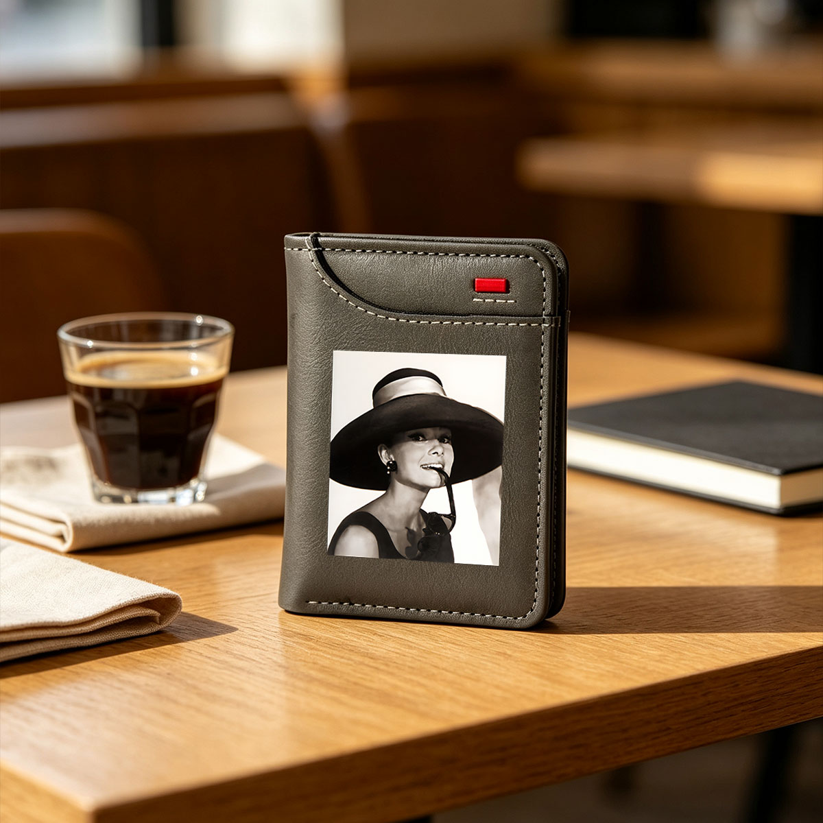 Audrey Hepburn in a wide-brimmed hat and sunglasses, exuding elegance and charm. - Vertical Style Wallet